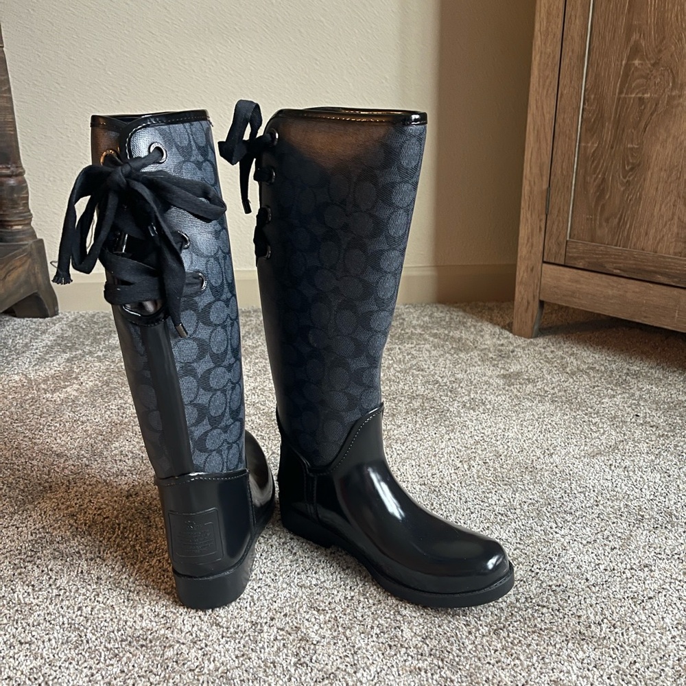 Coach Black and Gray Winter Rain Boots with Knee-High Design
